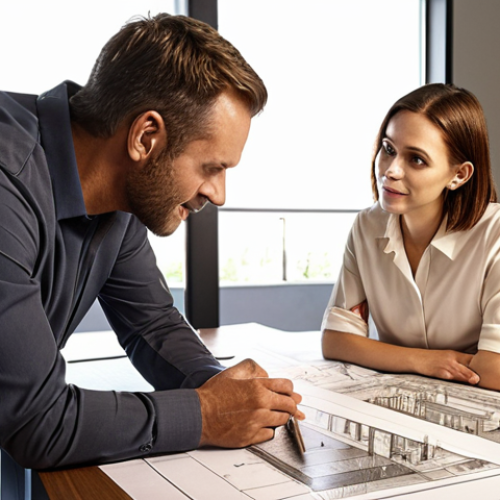 Home 23 **
"Architect discussing blueprints with a client in a modern office. The scene should convey collaboration and understanding, showcasing architectural drawings and material samples on a table. Focus on warm lighting and a welcoming atmosphere."
**