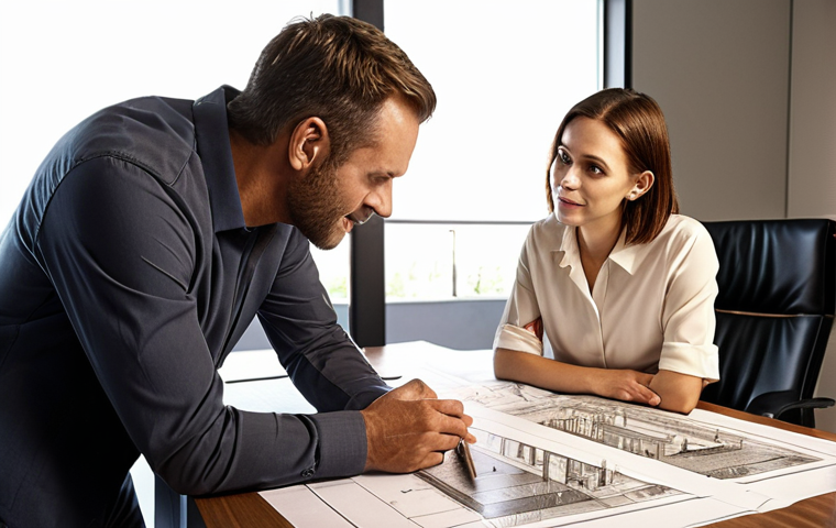 **
"Architect discussing blueprints with a client in a modern office. The scene should convey collaboration and understanding, showcasing architectural drawings and material samples on a table. Focus on warm lighting and a welcoming atmosphere."
**