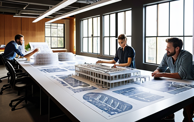 **

A modern architectural office buzzing with activity. Architects, engineers, and interior designers collaborate around a large table covered in blueprints and models. Sunlight streams through large windows, illuminating the innovative designs. Focus on teamwork, creativity, and a shared vision.

**