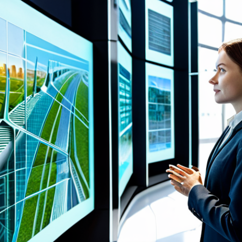 Home 9 A professional young architect, fully clothed in a modest business suit, stands confidently in a futuristic, sunlit architectural studio. She is interacting with a holographic display showcasing a sustainable smart city design with integrated green spaces and energy-efficient structures. The background features sleek digital screens displaying complex parametric models and data visualizations. The image emphasizes innovation, technology, and environmental responsibility. Perfect anatomy, correct proportions, natural pose, well-formed hands, proper finger count, professional photography, high quality, safe for work, appropriate content, fully clothed, professional dress.